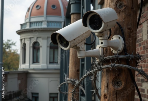 Security cameras mounted on a wooden pole with barbed wire in an urban setting