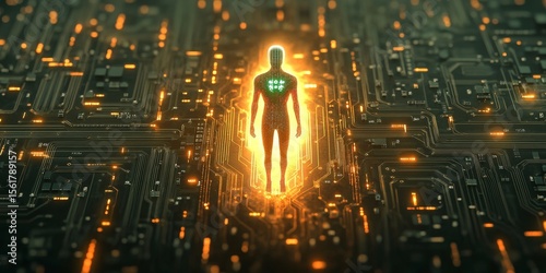 3D rendering of an advanced microchip with a glowing avatar on the circuit board background