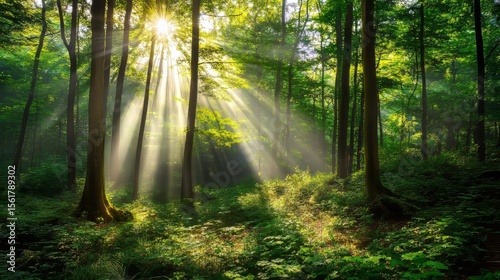 Sunlight shining through green leaves in the forest