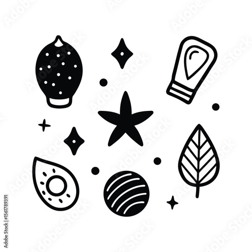 Natural Skincare Ingredients Hand-Drawn Illustrations of Avocado, Lime, and Herbal Extracts.Vintage Style Hand Drawn Fruit With Texture