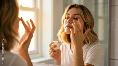 Woman Applying Facial Cream in Bathroom Mirror, Morning Skincare Routine