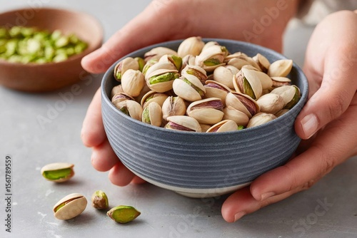 Chef holding bowl of pistachios with another bowl in background