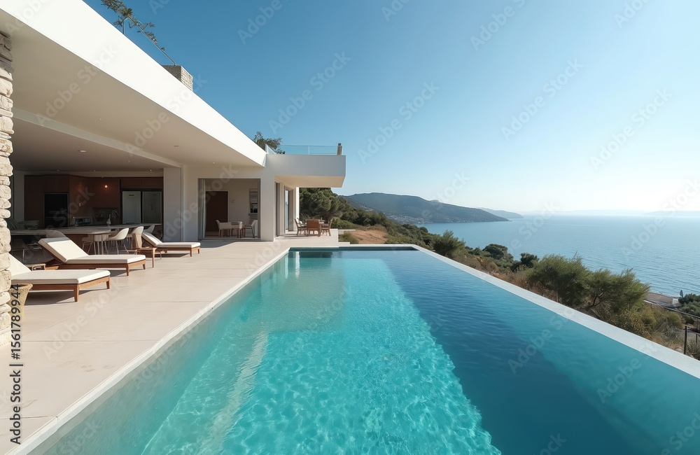 Fototapeta premium Modern luxury villa with infinity pool overlooks Mediterranean sea. Beautiful coastal seascape, panoramic ocean view, blue skies, vacation vibes. Perfect for travel, tourism, lifestyle content.