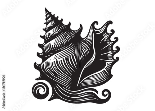 conch shell logo silhouette vector, conch shell logo icon silhouette, silhouette seashell aquatic animal black design, ornate black seashell logo silhouettes vector on a white background