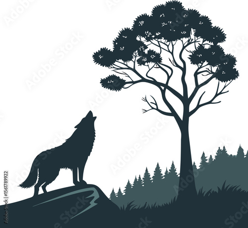 silhouette of a wolf howling next to a lone tree .