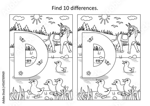 Letter D difference game and coloring page. D is for ducklings. D is for donkey.
