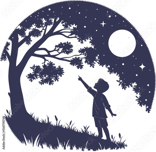 silhouette of a child pointing at stars under a tree, t-short design 