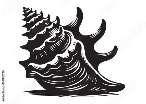 conch shell logo silhouette vector, conch shell logo icon silhouette, silhouette seashell aquatic animal black design, ornate black seashell logo silhouettes vector on a white background