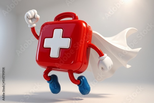Shiny red first aid kit character with white cross symbol and flying cape