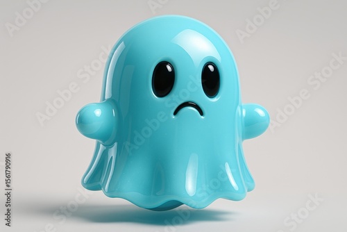 Sad blue ghost character with glossy finish and big black eyes