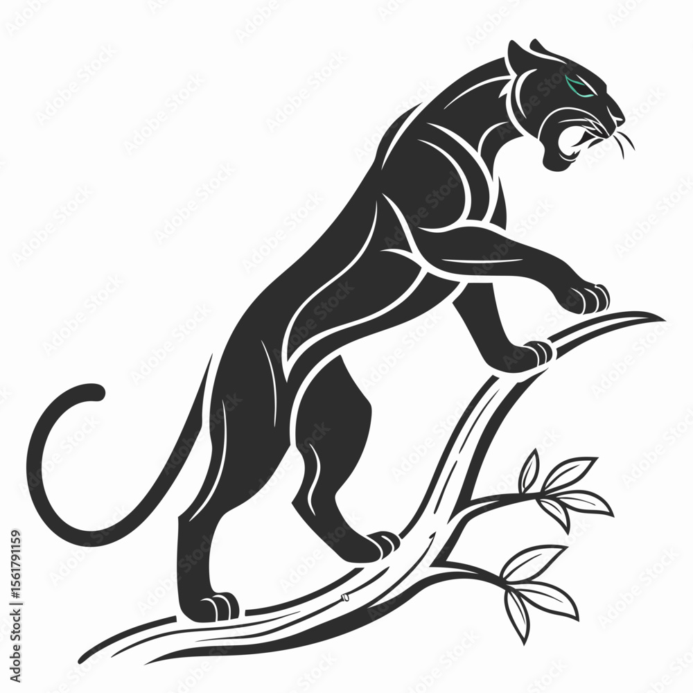 Obraz premium Powerful black panther silhouette atop a hill, perfect for logo design. A stylized silhouette of a black panther perched atop a stylized hill, evoking strength and wildness.