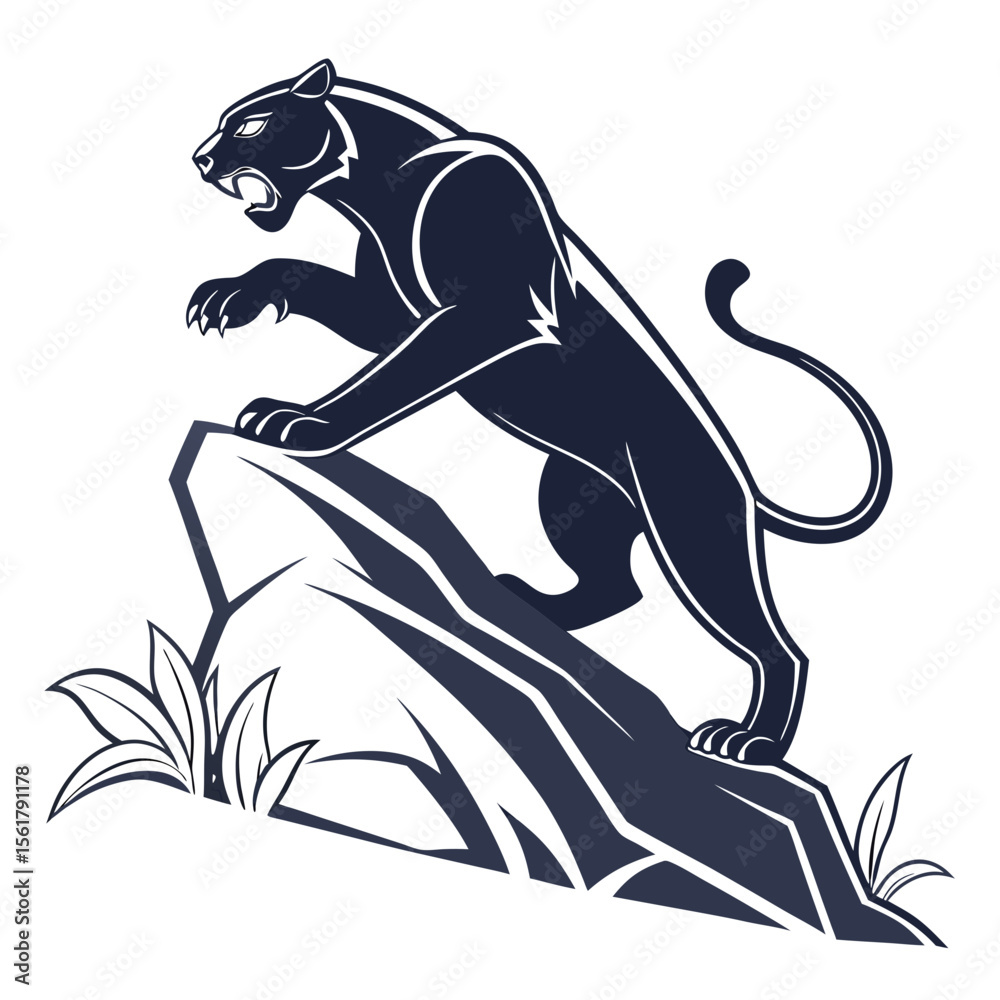 Fototapeta premium Powerful black panther silhouette atop a hill, perfect for logo design. A stylized silhouette of a black panther perched atop a stylized hill, evoking strength and wildness.