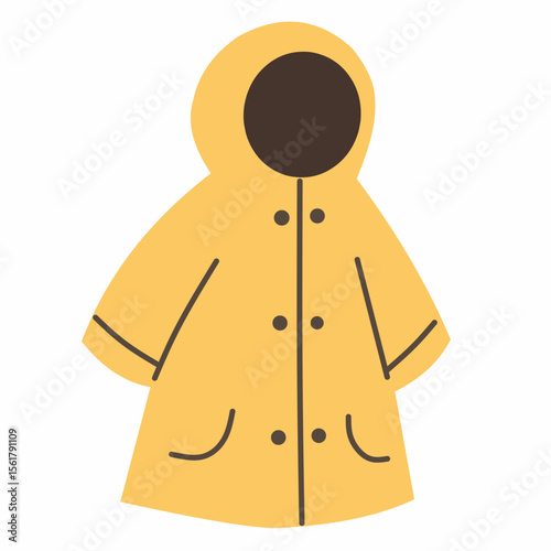 Flat vector illustration of a yellow raincoat with a hood. Suitable for rainy season, weather gear, children’s clothing, or outdoor outfit visuals.