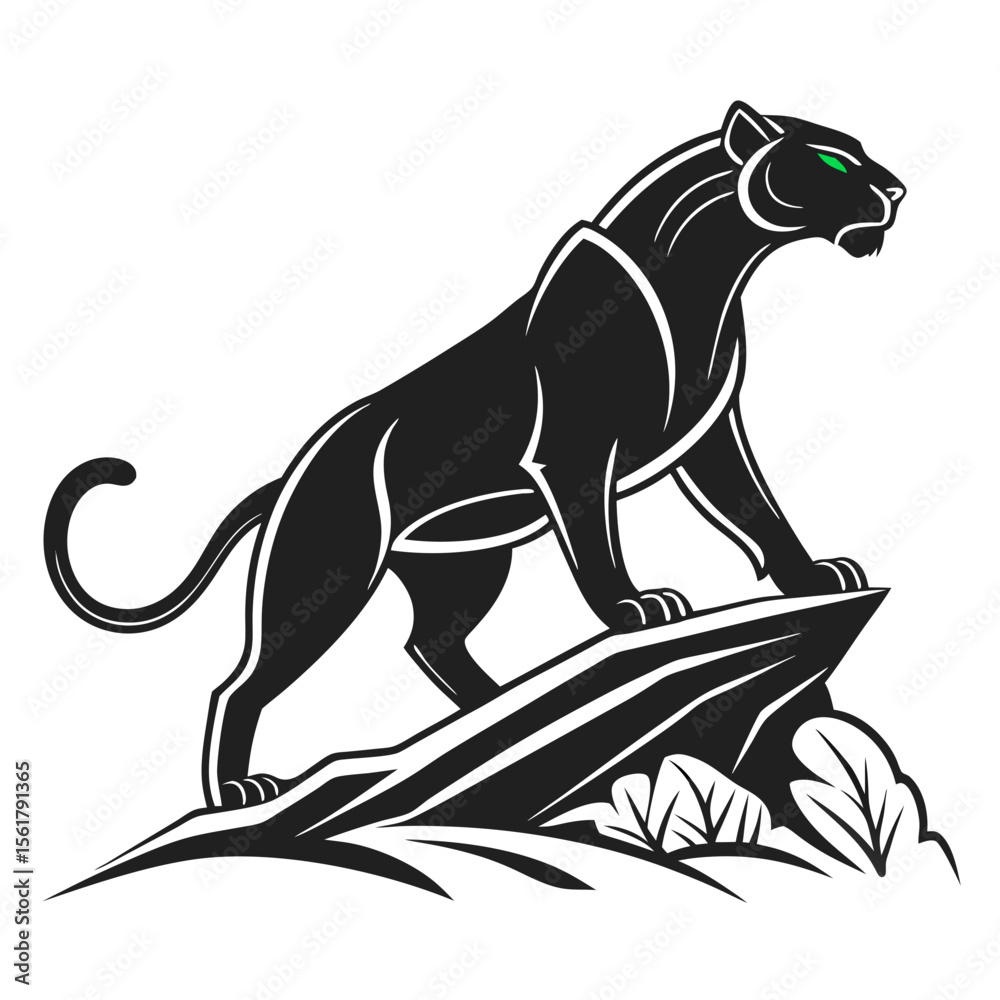 Obraz premium Powerful black panther silhouette atop a hill, perfect for logo design. A stylized silhouette of a black panther perched atop a stylized hill, evoking strength and wildness. 