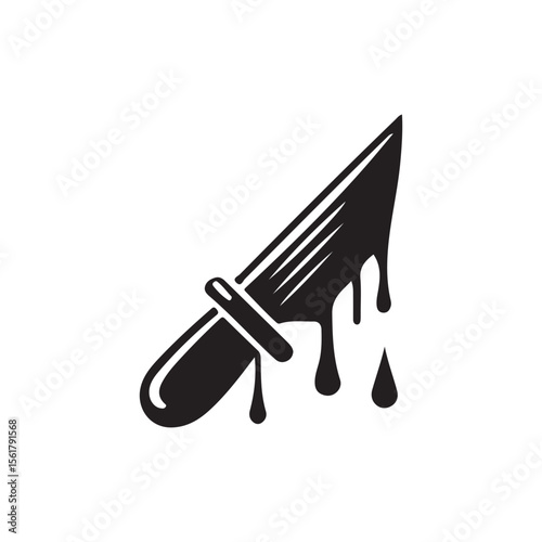 Bloody Knife Icon, Graphic Design Element.A stylized, graphic black and white illustration of a knife dripping with blood.