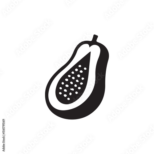 Simple black and white illustration of a sliced papaya.A stylized, black and white graphic of a papaya half.
