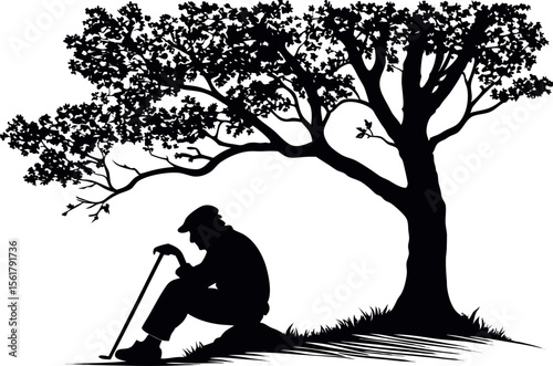  silhouette of an old man sitting under a tree .