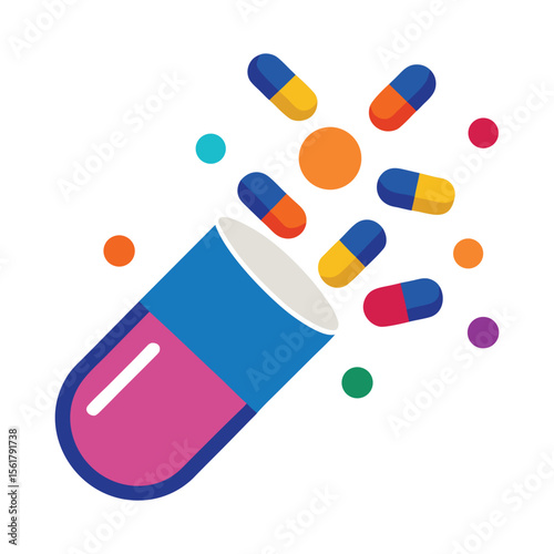 Open pill bottle with a variety of colorful capsules and a single tablet inside