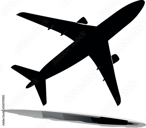  black shadow silhouette of an airplane in side view.