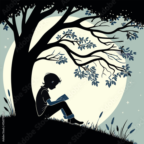 silhouette of a child sleeping under a tree 