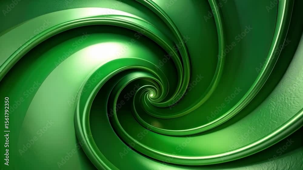 Vibrant green fractal optical illusion with twisting metallic bands converging inward, creating a swirling tunnel effect with bright textures