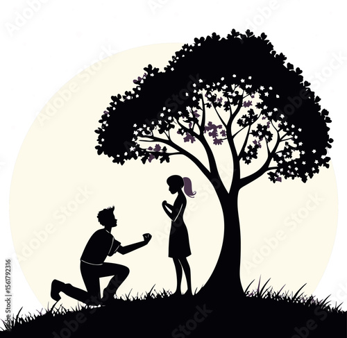 silhouette of a man proposing under a heart shaped.
