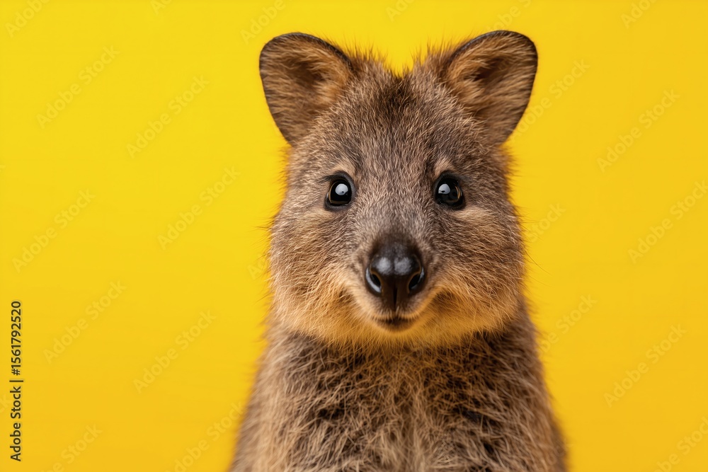 Naklejka premium quokka on yellow background closeup, smiling cute animal, concept happiness positivity