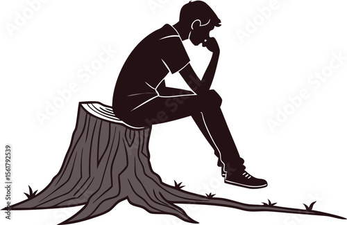 silhouette of a person sitting on a tree stump 