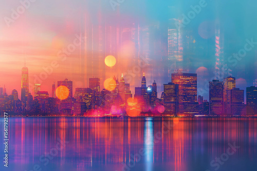 View of a vibrant city skyline at sunset with colorful reflections on the water surface. Generative AI