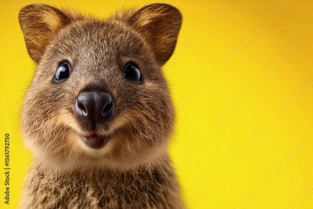 Fototapeta premium quokka smiling on yellow, cute marsupial closeup, concept happiness joy