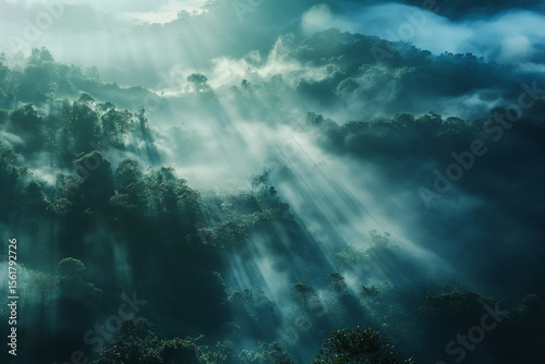 Serene morning light beams filter through misty forest treetops in the early hours of dawn. Generative AI