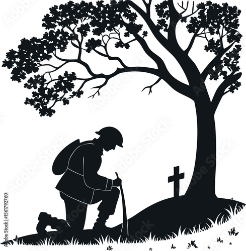 silhouette of a soldier kneeling beside a tree .