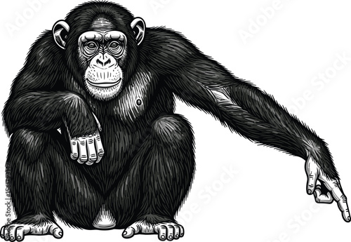 Woodcut illustration of a chimpanzee monkey. Vintage grunge vector design element for artworks, poster, cards, web and collages.