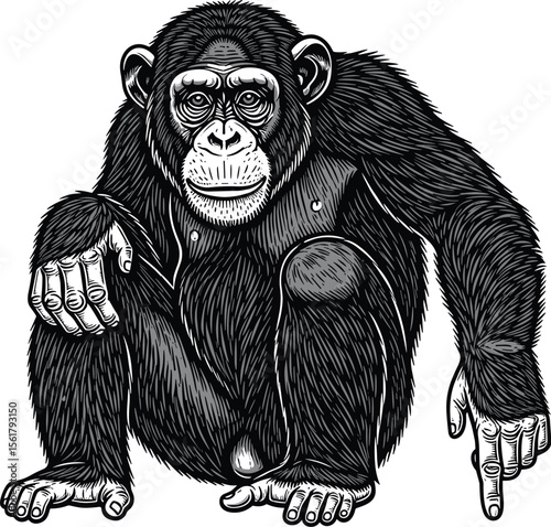 Woodcut illustration of a chimpanzee monkey. Vintage grunge vector design element for artworks, poster, cards, web and collages.
