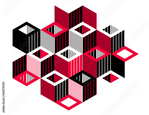 Black and red geometric vector abstract background with cubes and shapes, isometric 3D abstraction art displaying city buildings forms look like, op art optical illusion.