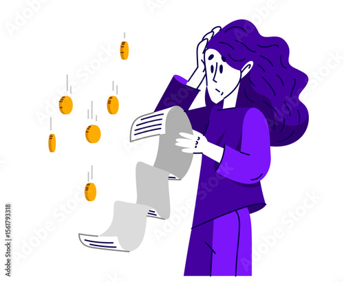 Young woman in trouble have a very long bill or check, vector illustration of a girl worried about to high money spending.