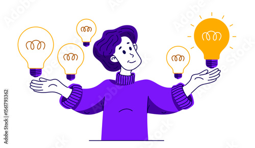 Young boy having a lot of ideas and choosing best one to solve some problem, vector illustration of a young person who is choosing between different ideas which one is working.