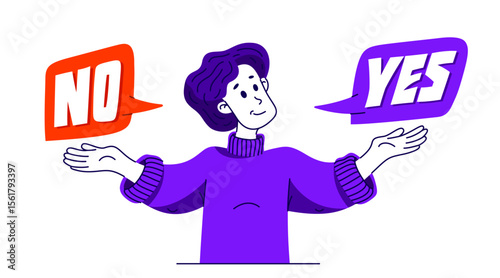 Young man having a doubt and question, vector illustration of a person who is hesitating and thinking about some problem, decide uncertainty.