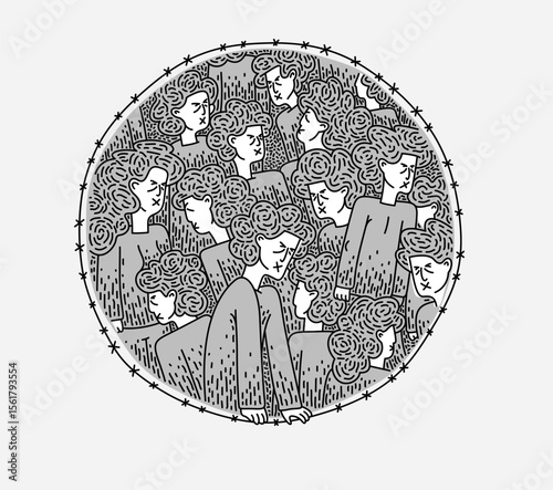 Totalitarian society and slaves, vector illustration of people with negative blind and deaf faces displays negative culture of totalitarian matrix.
