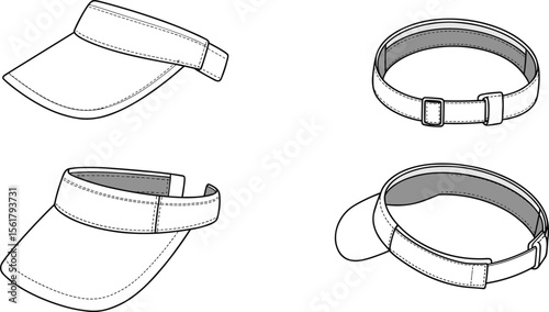 Sport visors and headbands multi-view, cad drawing flat vector illustration, adjustable straps, contour shading, sun protection design, fashion accessory sketch