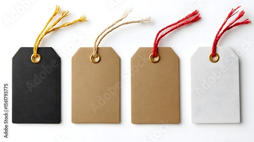 Four Textured Tags in Black Brown and White with Colored Strings