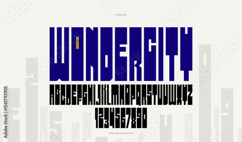 Geometric bold and strong vector font for logos and emblems, heavy letters alphabet for posters and advertising, display typeface with huge brutal and urban letters.