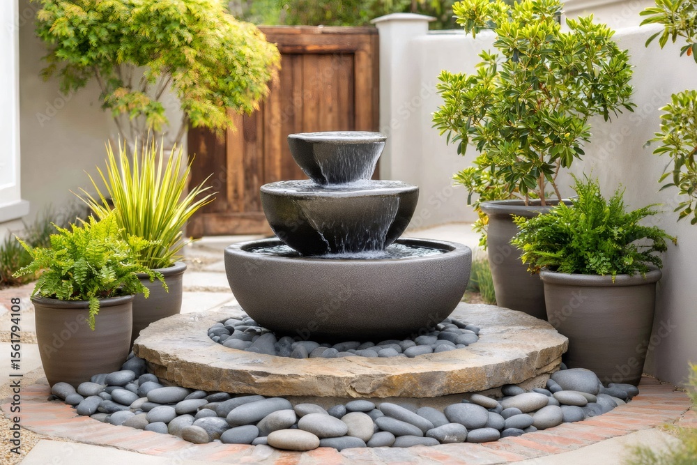 Cascading water fountain enhancing tranquil garden setting Cascading water fountain enhancing tranquil garden setting