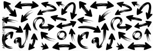 Set of black brush stroke arrows, direction, design elements, pointer, indication