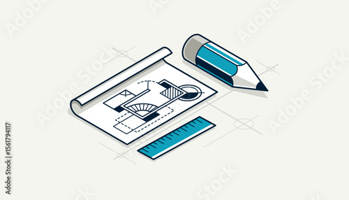 Engineer at work concept, engineering job, paper document blueprint engineering vector 3D isometric illustration, abstract draft drawing, cad technical plan.