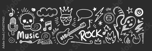 Rock music doodles, musical illustration drawing, rock and roll sketch design concept