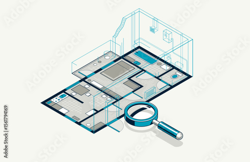 Flat plan drawing with pencil, floorplan residential house or apartment blueprint implementation, 3D isometric vector illustration, interior design project house construction embodiment.