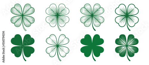 Set of eight green four-leaf clover illustrations for luck, st patrick's day vector icon designs