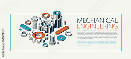Mechanical engineering advertising, gears and cogs composition isometric 3D vector illustration, cogwheels system technology and technics machinery engine ad.