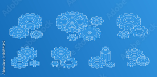Mechanical engineering concept set, gears and cogs composition isometric 3D vector illustration, cogwheels system technology and technics machinery engine.
